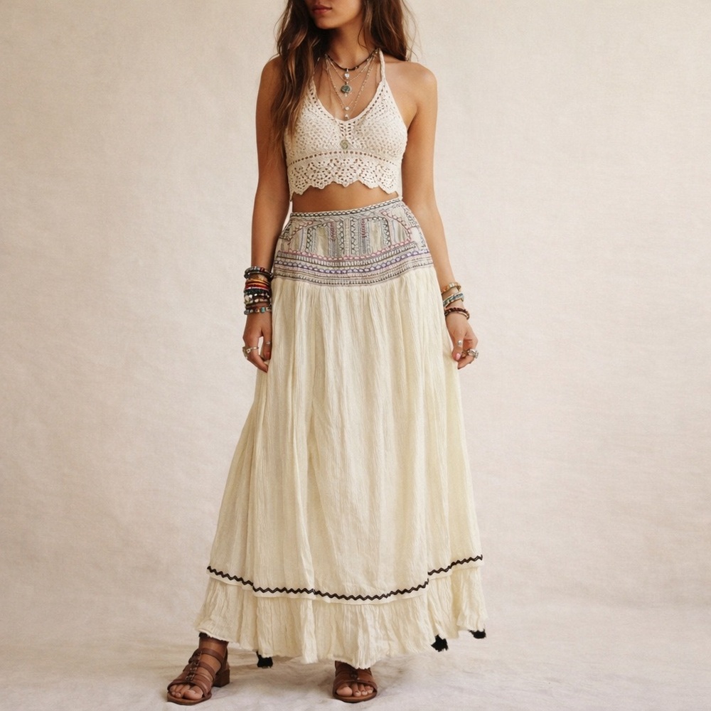 VTG Scully Embroidered Maxi Pull-on Skirt Gauzy Womens Large Boho Layered